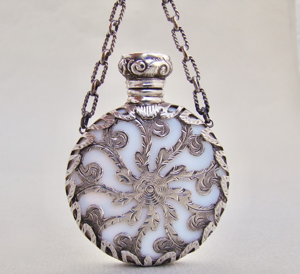 RARE VICTORIAN SILVER CASED OPALINE GLASS CHATELAINE SCENT BOTTLE, CIRCA 1880 View II