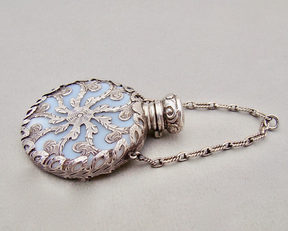 RARE VICTORIAN SILVER CASED OPALINE GLASS CHATELAINE SCENT BOTTLE, CIRCA 1880 View IV