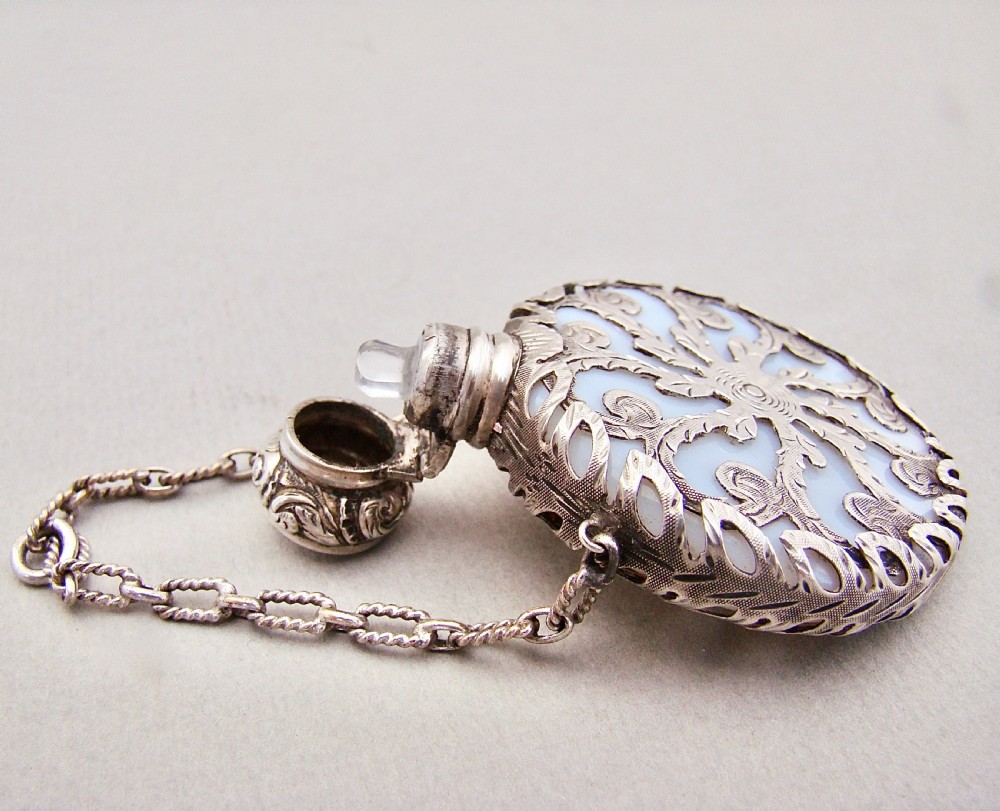 RARE VICTORIAN SILVER CASED OPALINE GLASS CHATELAINE SCENT BOTTLE, CIRCA 1880 View V