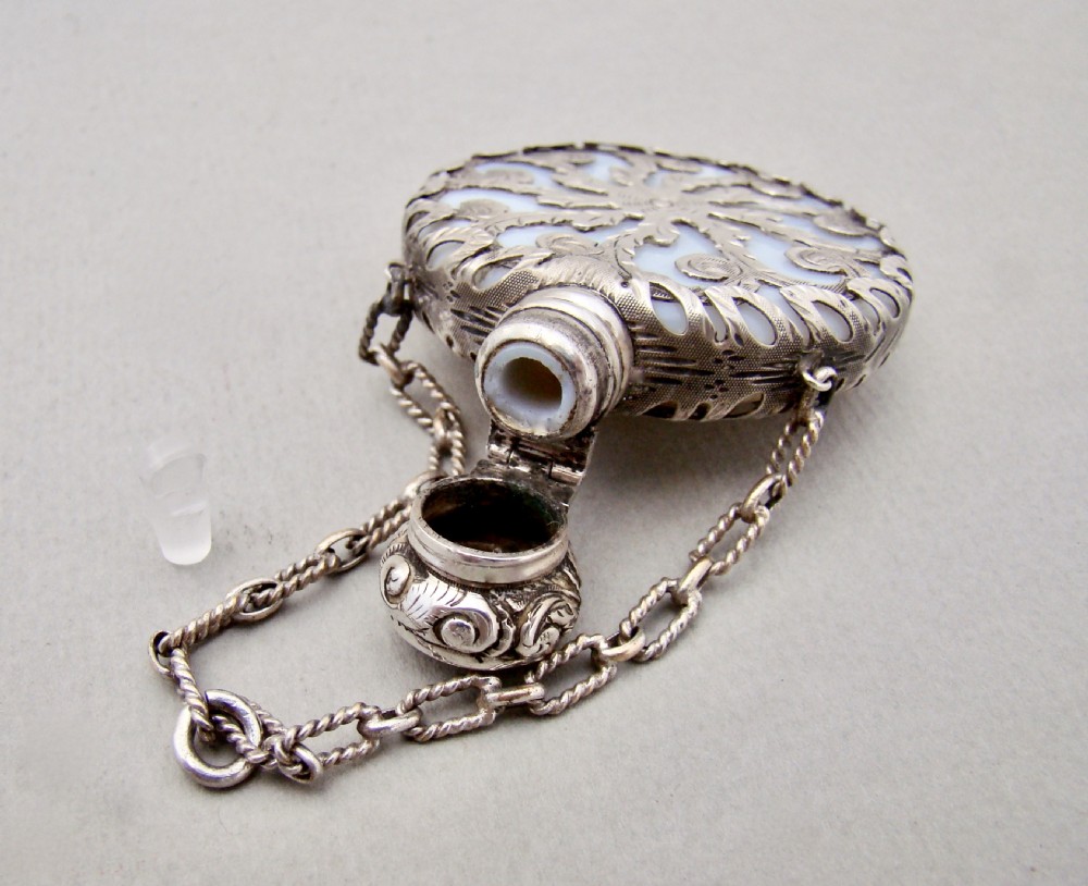 RARE VICTORIAN SILVER CASED OPALINE GLASS CHATELAINE SCENT BOTTLE, CIRCA 1880 View VI