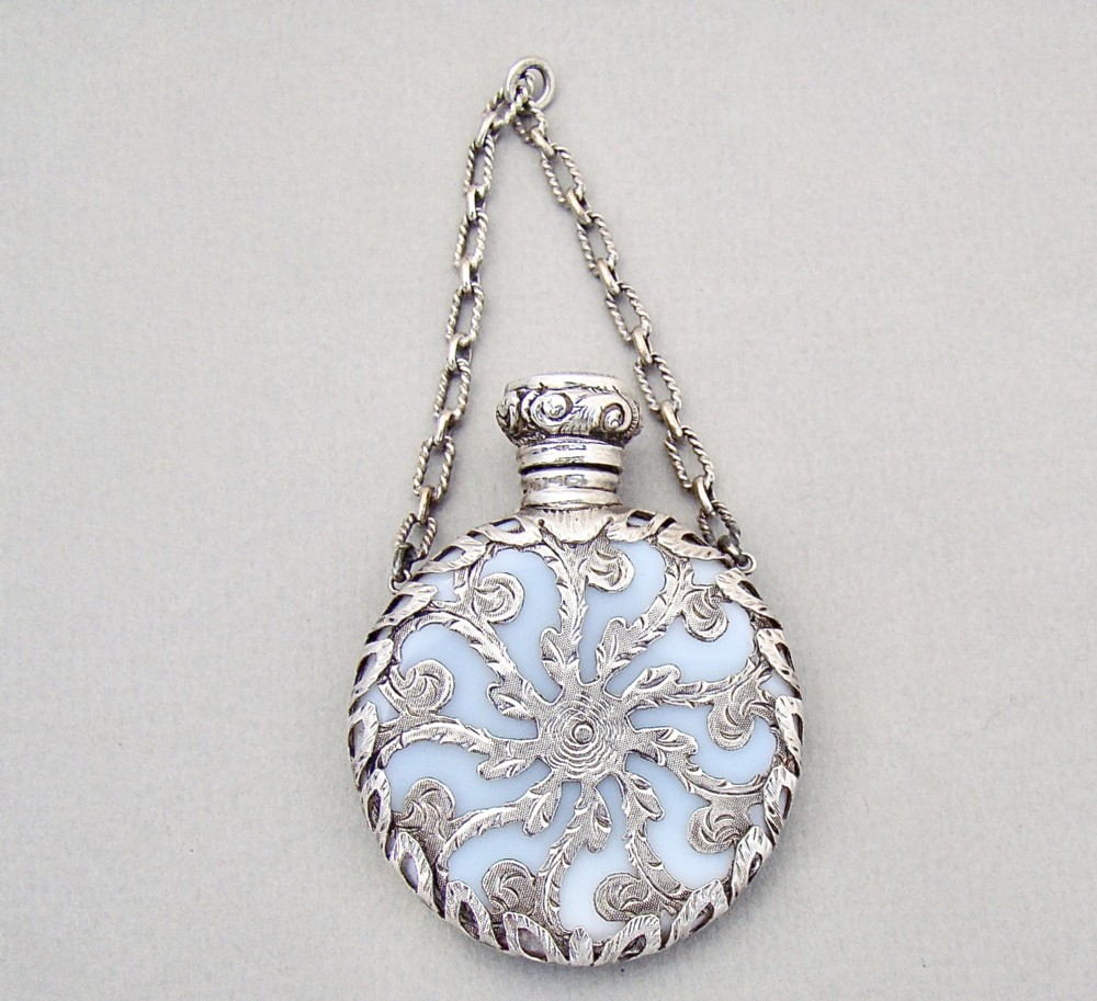 RARE VICTORIAN SILVER CASED OPALINE GLASS CHATELAINE SCENT BOTTLE, CIRCA 1880