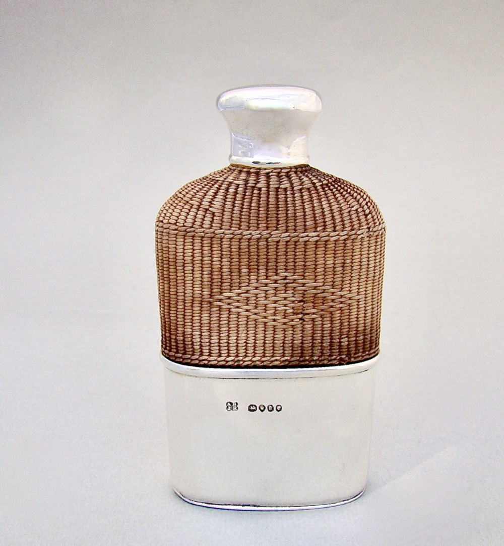 SUPERB VICTORIAN SILVER MOUNTED WICKER BOUND GLASS SPIRIT FLASK BY BROWNETT & ROSE, LONDON 1862