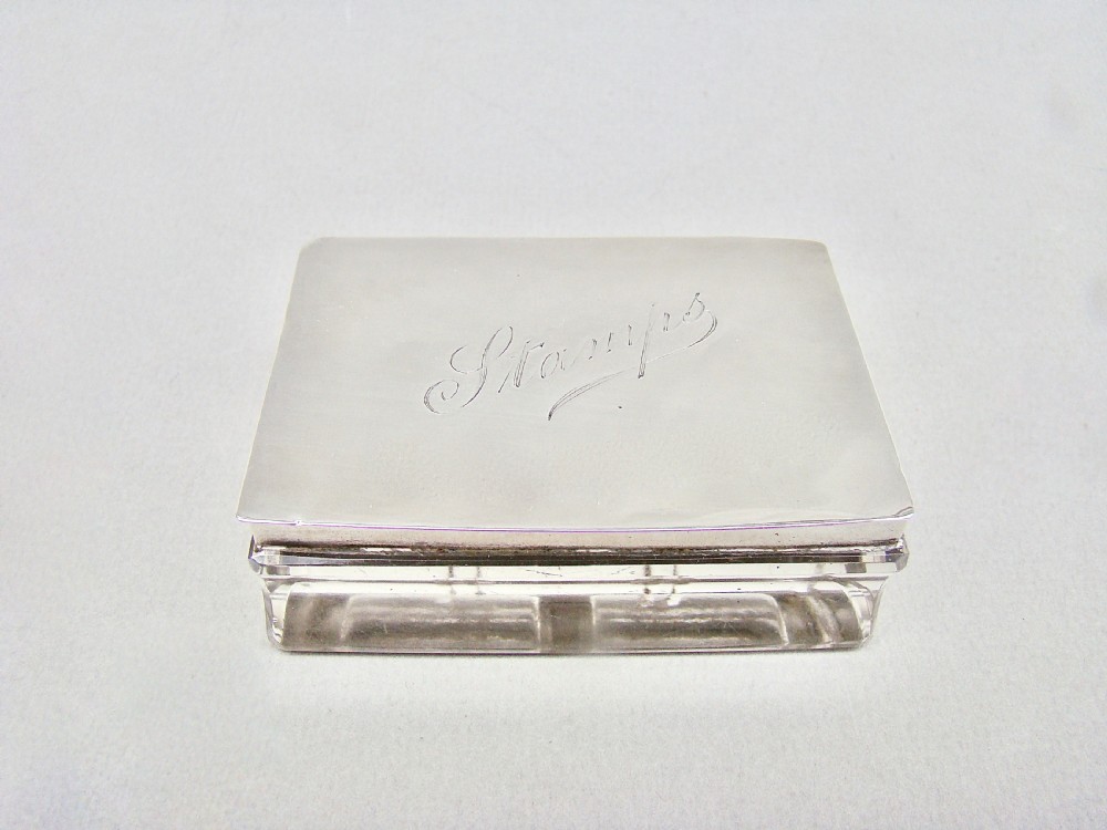 UNUSUAL ART DECO SILVER MOUNTED NOVELTY DOUBLE STAMP BOX WITH BOOK SHAPED GLASS BODY, LONDON 1922