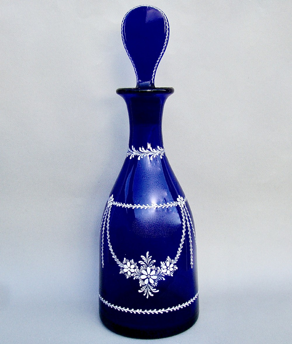 BEAUTIFUL VICTORIAN ENAMELLED BRISTOL BLUE GLASS DECANTER, CIRCA 1890