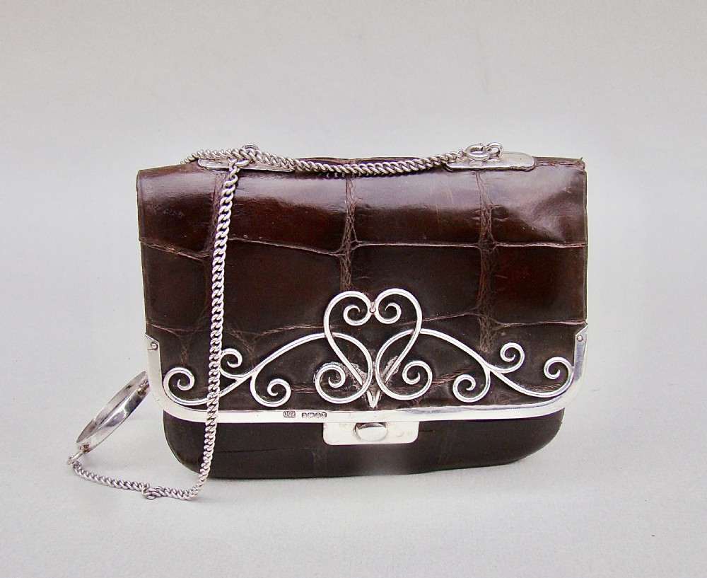 FABULOUS ART NOUVEAU SILVER & CROCODILE SKIN PURSE BY OLIVER & CO, IMPORT MARKS FOR BIRMINGHAM 1902