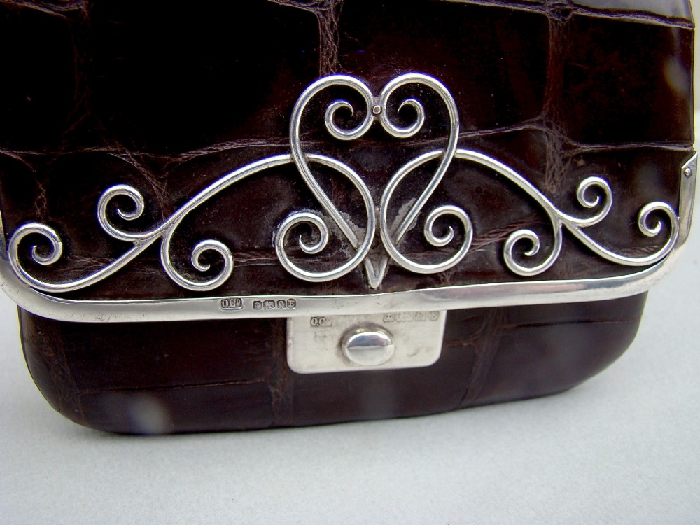 FABULOUS ART NOUVEAU SILVER & CROCODILE SKIN PURSE BY OLIVER & CO, IMPORT MARKS FOR BIRMINGHAM 1902 View VII