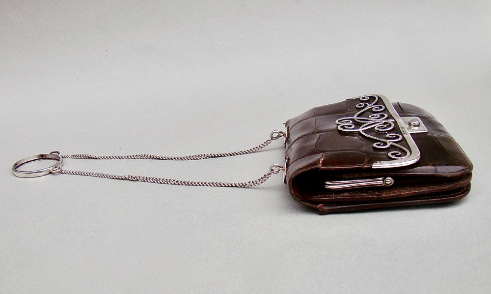 FABULOUS ART NOUVEAU SILVER & CROCODILE SKIN PURSE BY OLIVER & CO, IMPORT MARKS FOR BIRMINGHAM 1902 View VIII