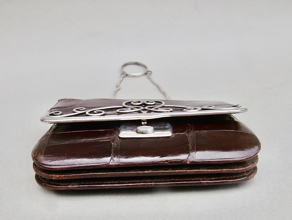 FABULOUS ART NOUVEAU SILVER & CROCODILE SKIN PURSE BY OLIVER & CO, IMPORT MARKS FOR BIRMINGHAM 1902 View IX