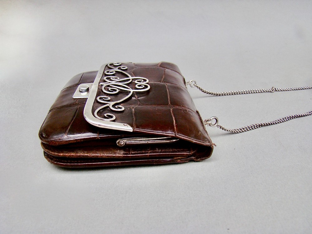 FABULOUS ART NOUVEAU SILVER & CROCODILE SKIN PURSE BY OLIVER & CO, IMPORT MARKS FOR BIRMINGHAM 1902 View X