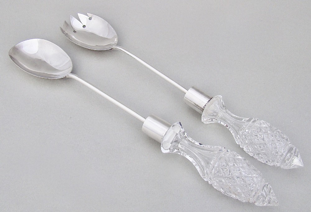 GOOD PAIR OF  SOLID SILVER & CUT GLASS SALAD SERVERS BY THE ARMY & NAVY, LONDON 1913 View IV
