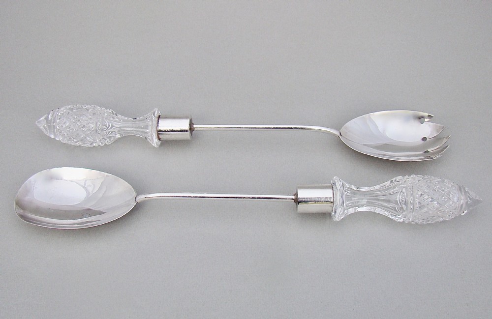 GOOD PAIR OF  SOLID SILVER & CUT GLASS SALAD SERVERS BY THE ARMY & NAVY, LONDON 1913 View II