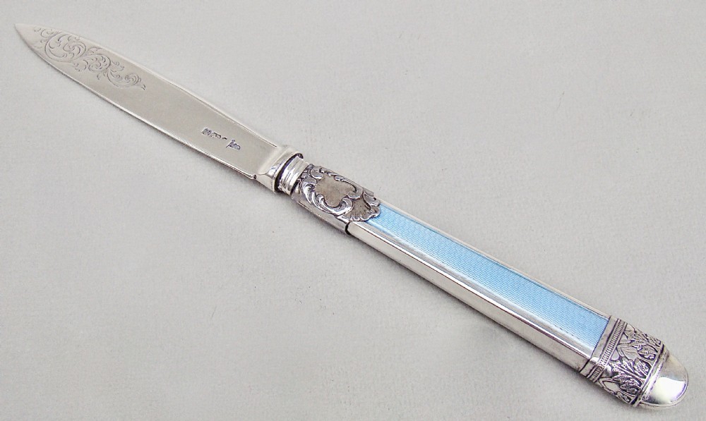 EDWARDIAN SILVER AND GUILLOCHE ENAMEL LETTER OPENER BY WALKER & HALL,  SHEFFIELD 1921