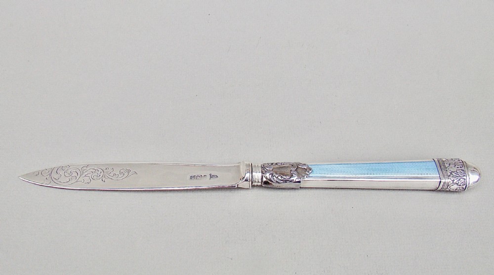 EDWARDIAN SILVER AND GUILLOCHE ENAMEL LETTER OPENER BY WALKER & HALL,  SHEFFIELD 1921 View II