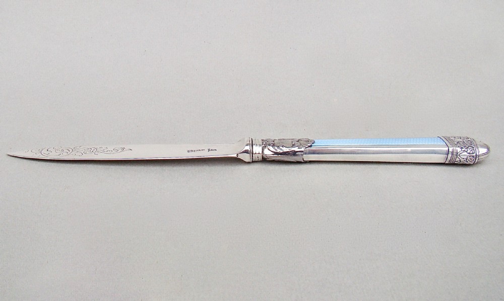 EDWARDIAN SILVER AND GUILLOCHE ENAMEL LETTER OPENER BY WALKER & HALL,  SHEFFIELD 1921 View V