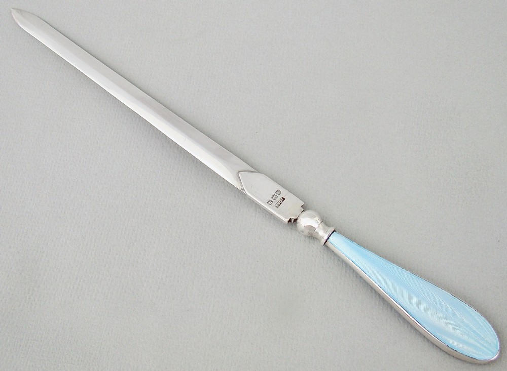 ART DECO SILVER & GUILLOCHE ENAMEL LETTER OPENER BY JOSEPH COOK & SON, BIRMINGHAM 1933