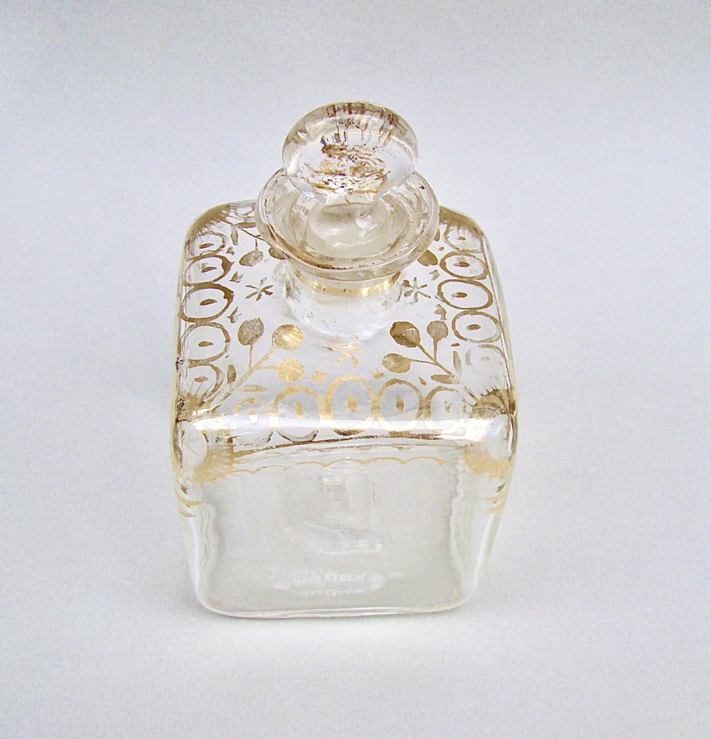 EXQUISITE GEORGIAN GILT GLASS COLOGNE BOTTLE / DECANTER , DATING CIRCA 1795