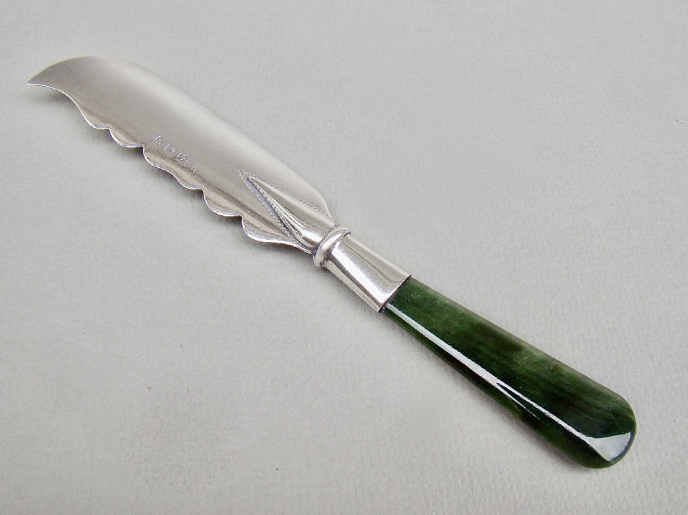 RARE GEORGE V SILVER & JADE BUTTER KNIFE BY ADIE & LOVEKIN, BIRMINGHAM 1920 View IV