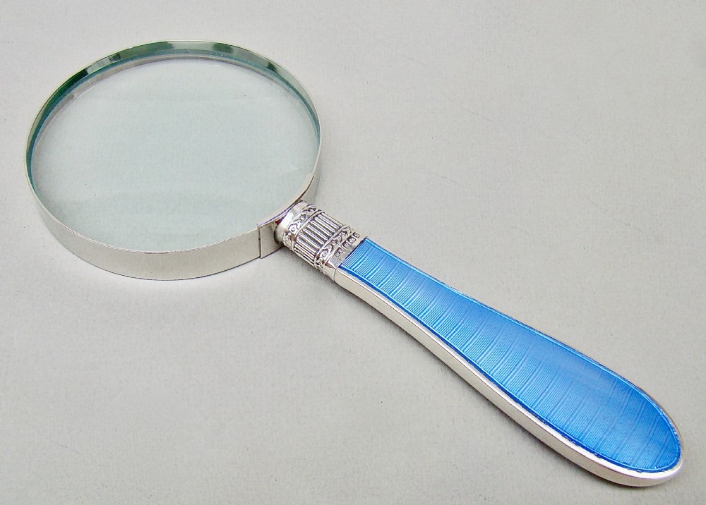 STUNNING SILVER & GUILLOCHE ENAMEL LARGE DESK MAGNIFYING GLASS BY WILLIAM YATES, SHEFFIELD 1899
