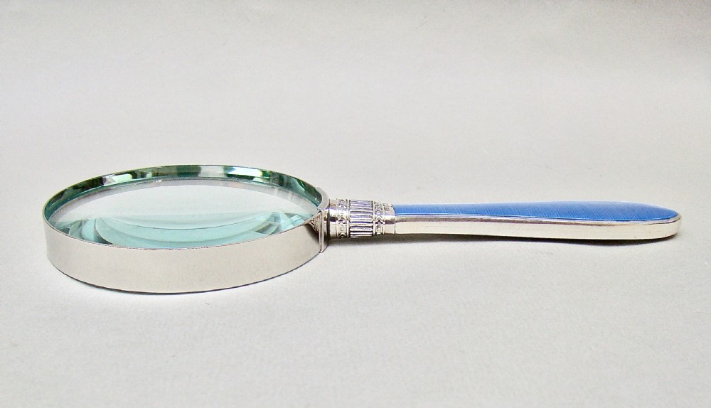 STUNNING SILVER & GUILLOCHE ENAMEL LARGE DESK MAGNIFYING GLASS BY WILLIAM YATES, SHEFFIELD 1899
 View V