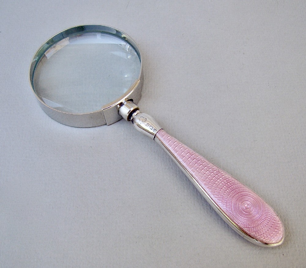 SMALL GEORGE V SILVER & GUILLOCHE ENAMEL MAGNIFYING GLASS BY THE COOPER BROTHERS, BIRMINGHAM 1918
