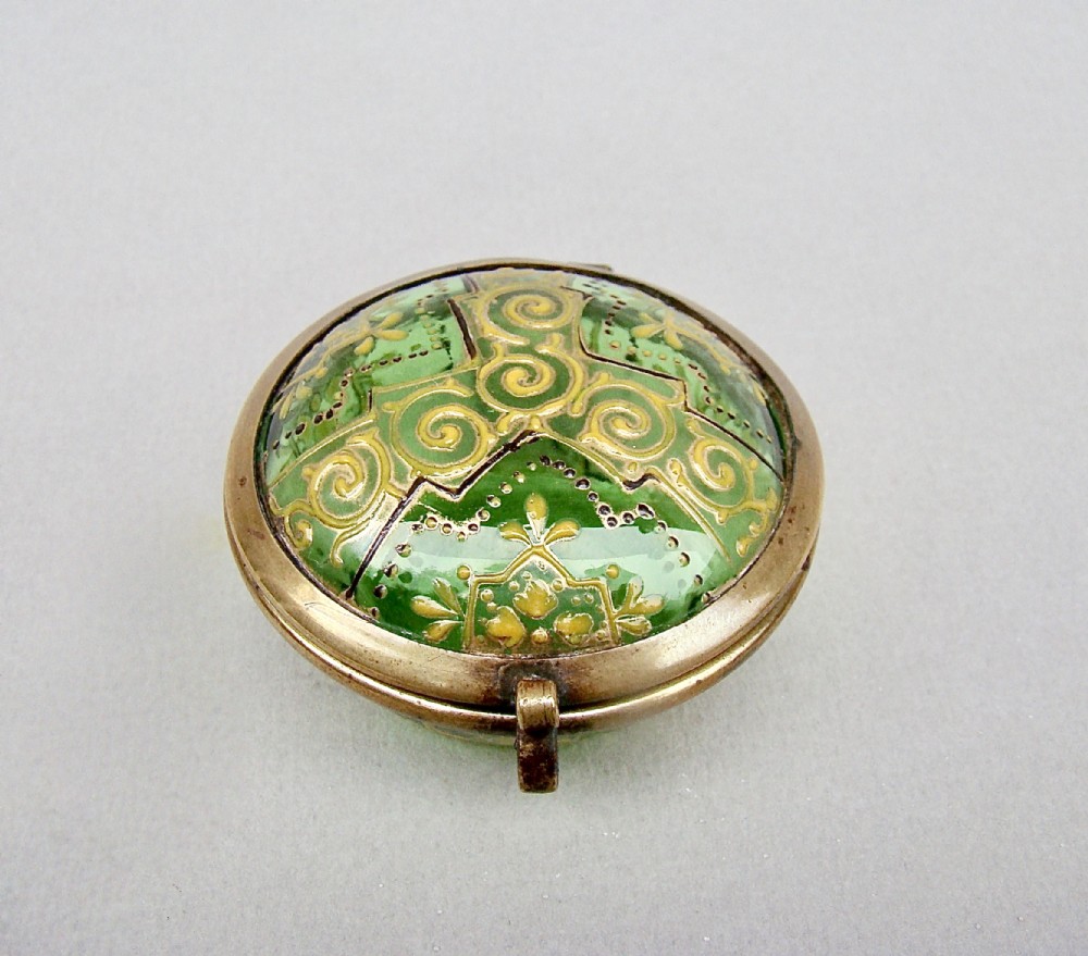 DELIGHTFUL 19TH CENTURY ENAMELLED GREEN GLASS TRINKET BOX, CIRCA 1890