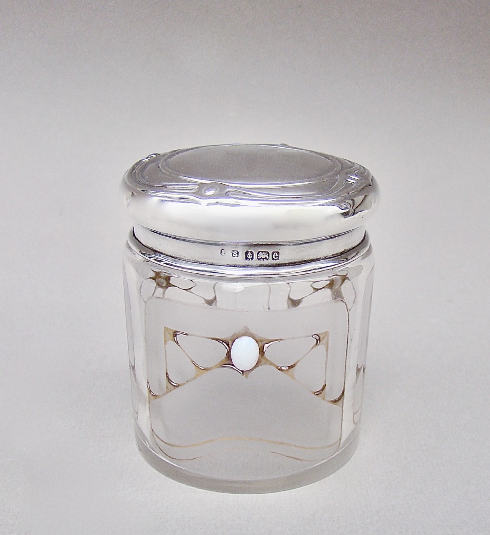 ART NOUVEAU SILVER & OPAL INCRUSTED FROSTED GLASS VANITY JAR BY LEVI & SALAMAN BIRMINGHAM 1905