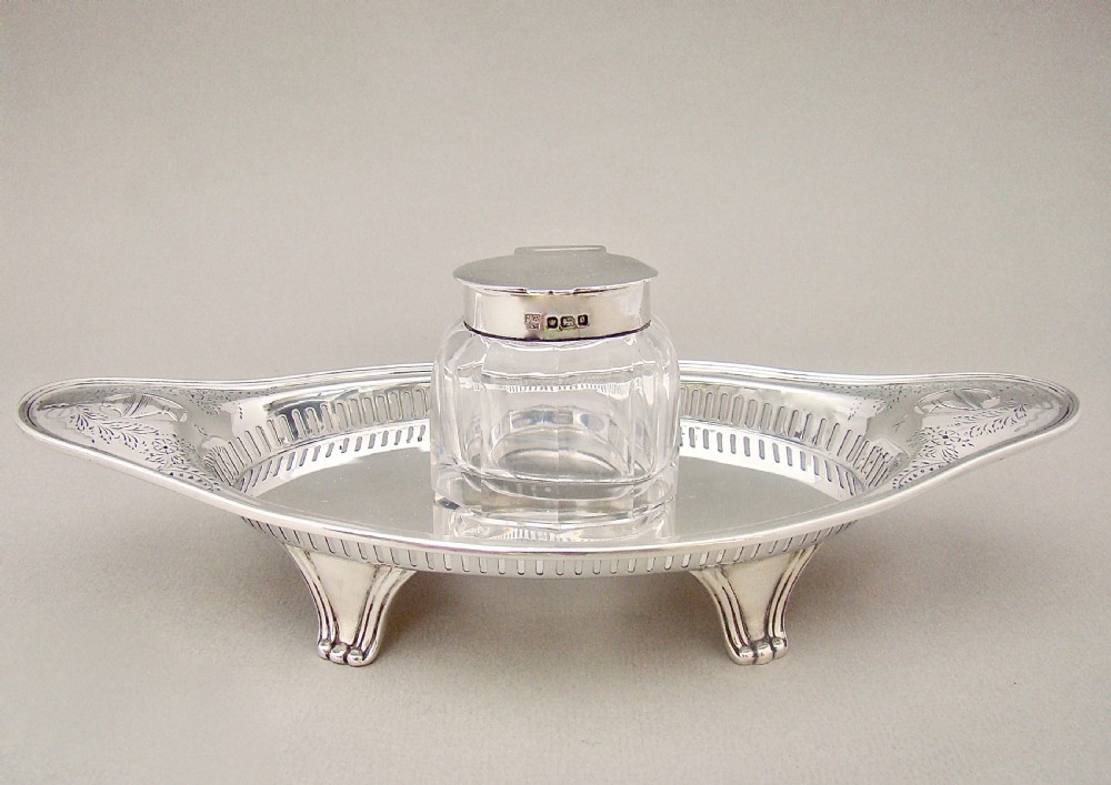 GEORGIAN REVIVAL SILVER & GLASS INKSTAND BY HAWKSWORTH, EYRE & CO, SHEFFIELD 1908 View II