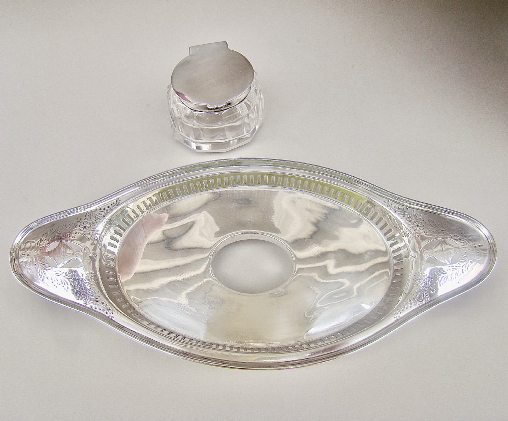 GEORGIAN REVIVAL SILVER & GLASS INKSTAND BY HAWKSWORTH, EYRE & CO, SHEFFIELD 1908 View VIII