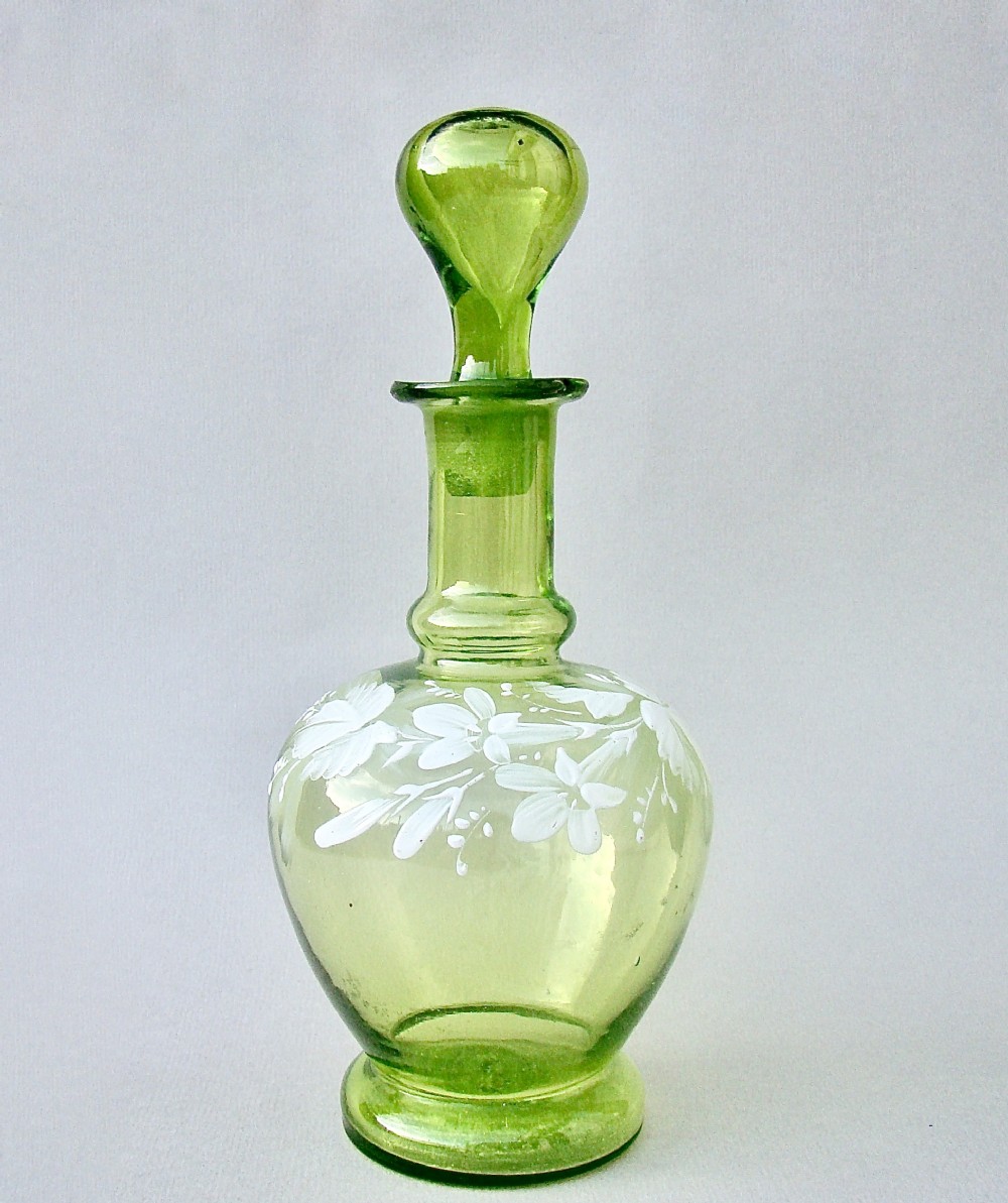 DELIGHTFUL VICTORIAN ENAMELLED GLASS SMALL LIQUEUR DECANTER, CIRCA 1890