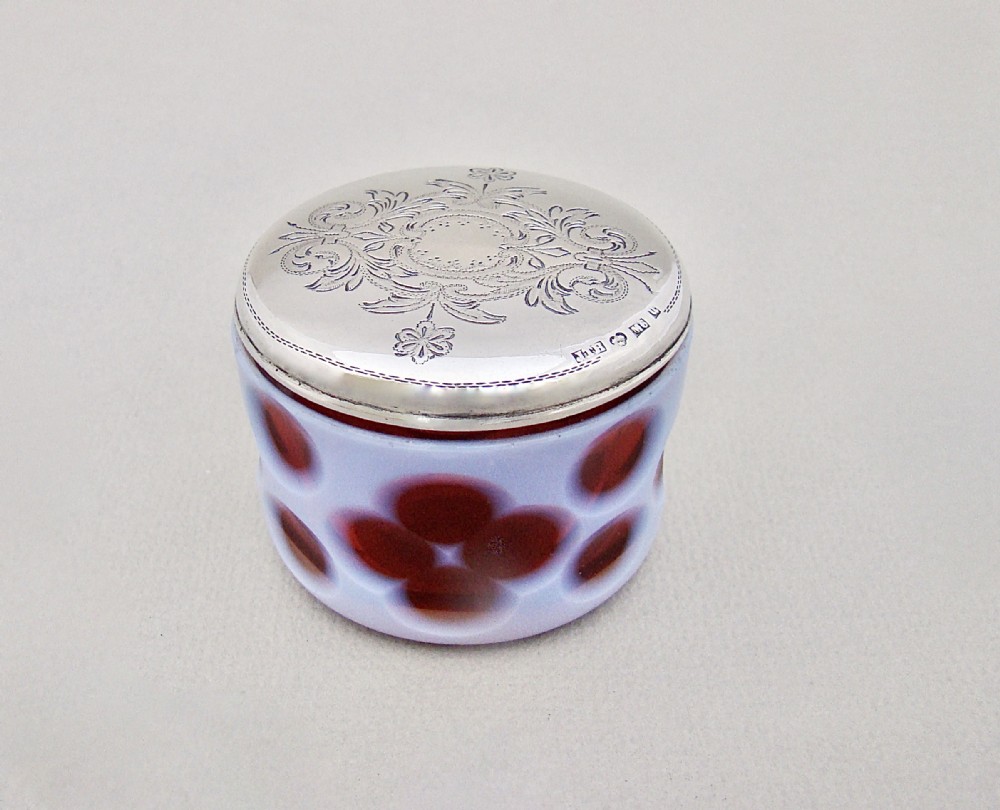 EXQUISITE 19TH C. SWEDISH SILVER OVERLAY CRANBERRY GLASS ROUGE POT, DATED 1890