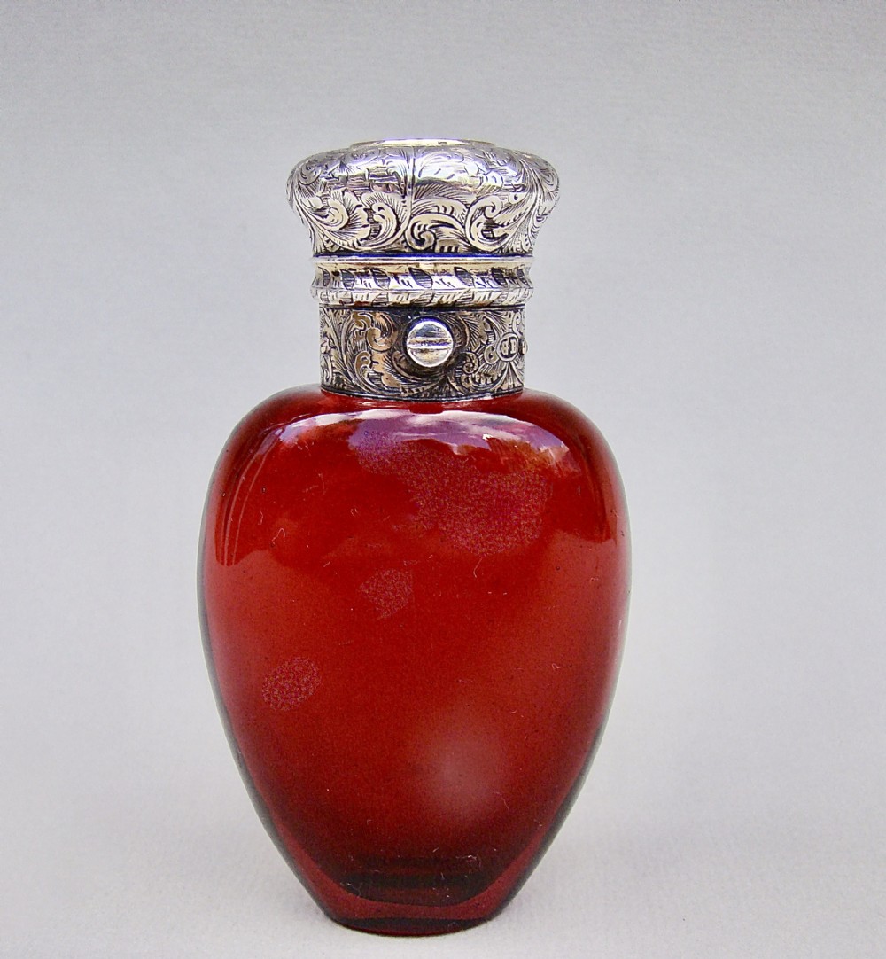 FINE VICTORIAN SILVER GILT & RUBY GLASS SCENT BOTTLE BY GEORGE BRACE, LONDON CIRCA 1860