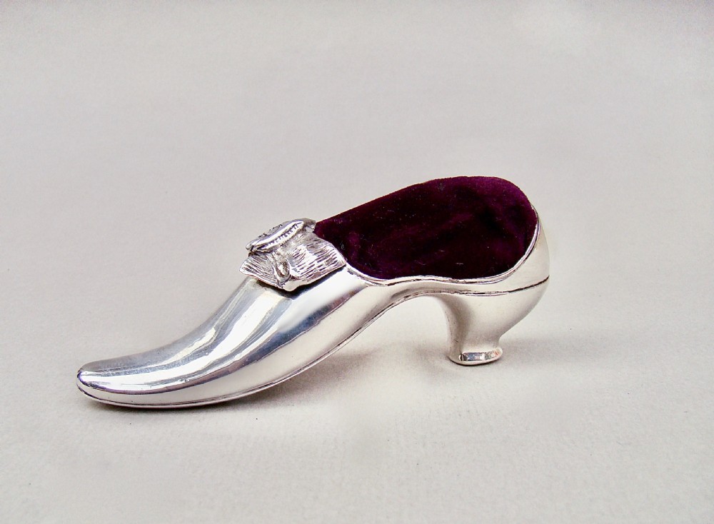 EXQUISITE VICTORIAN SILVER PIN CUSHION IN THE FORM OF A LADIES' SHOE BY ADIE & LOVEKIN, BIRMINGHAM 1891