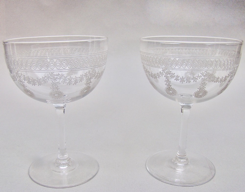 ELEGANT PAIR OF EDWARDIAN WHEEL ENGRAVED CHAMPAGNE COUPES, CIRCA 1900 View II