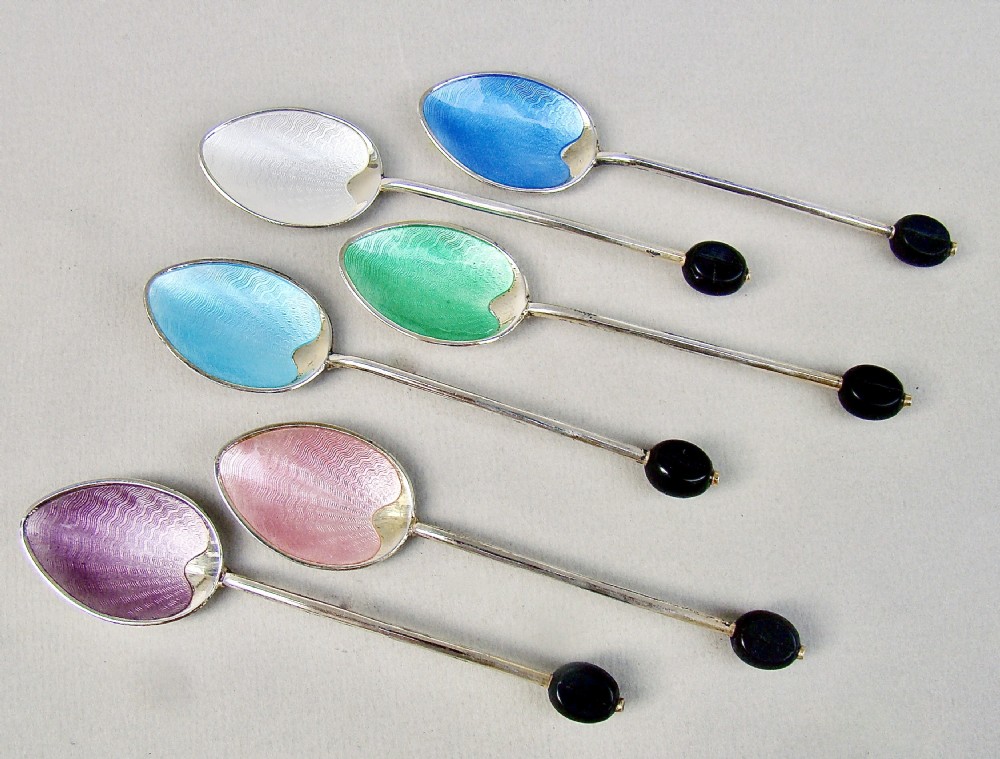 CASED SET OF 6 SILVER & GUILLOCHE ENAMEL BEAN KNOP COFFEE SPOONS BY TURNER & SIMPSON, BIRMINGHAM 1957 View III