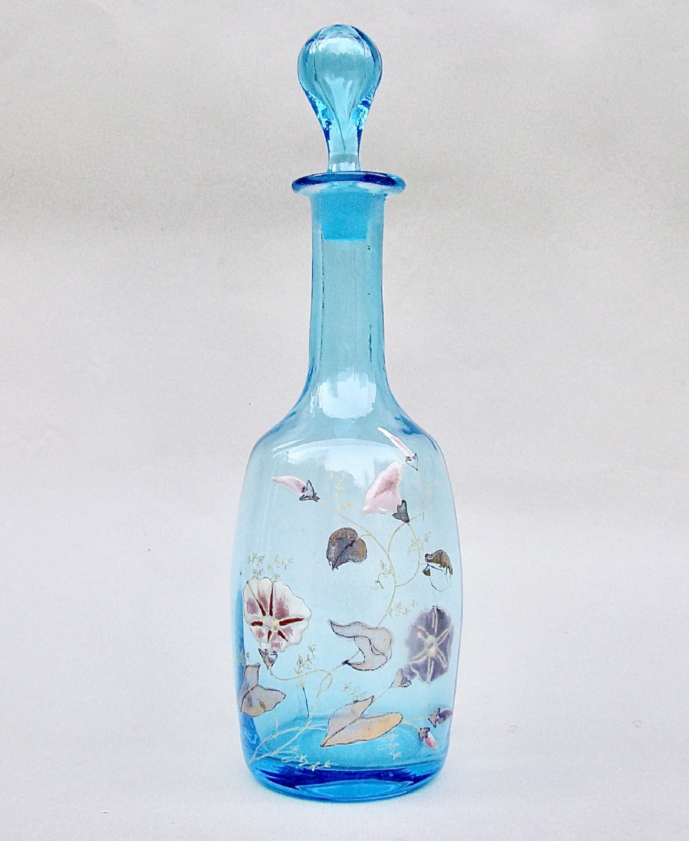 DELIGHTFUL FRENCH ART NOUVEAU ENAMELLED GLASS SMALL LIQUEUR DECANTER, CIRCA 1900

