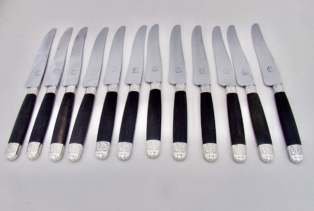 FABULOUS CASED SET OF TWELVE SILVER PLATED FRENCH TABLE KNIVES WITH EBONY HANDLES AND STEEL BLADES, PARIS CIRCA 1890 View IV