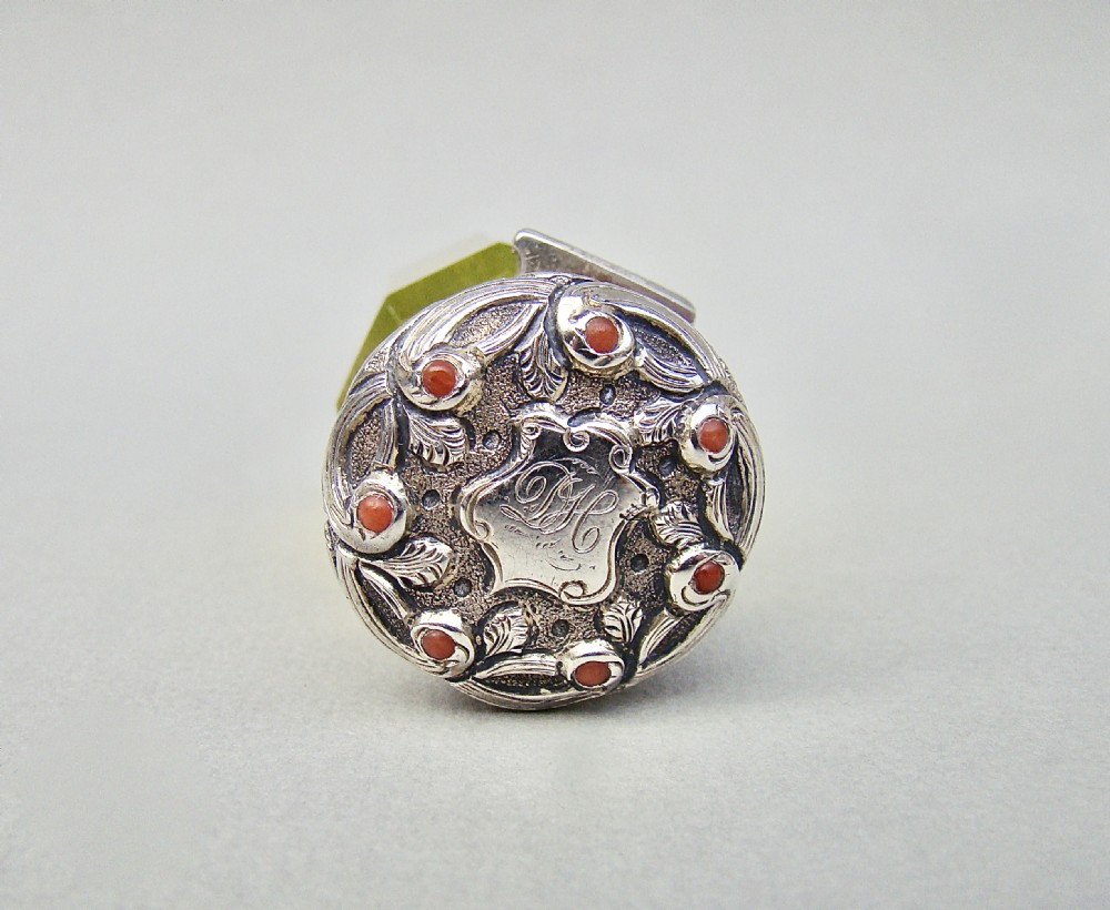 RARE VICTORIAN CORAL & SILVER MOUNTED CITRINE GLASS SCENT BOTTLE, CIRCA 1870 View VIII