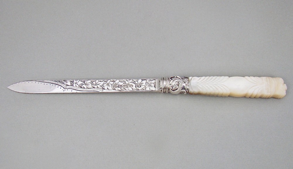 EXQUISITE VICTORIAN SILVER AND MOTHER OF PEARL LETTER OPENER BY GEORGE UNITE, BIRMINGHAM 1875