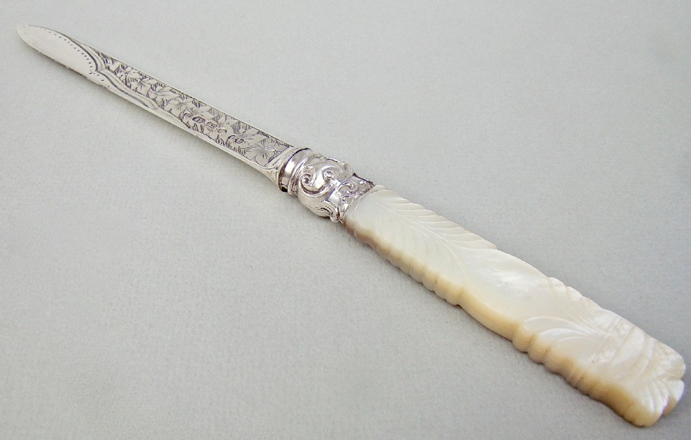 EXQUISITE VICTORIAN SILVER AND MOTHER OF PEARL LETTER OPENER BY GEORGE UNITE, BIRMINGHAM 1875 View II