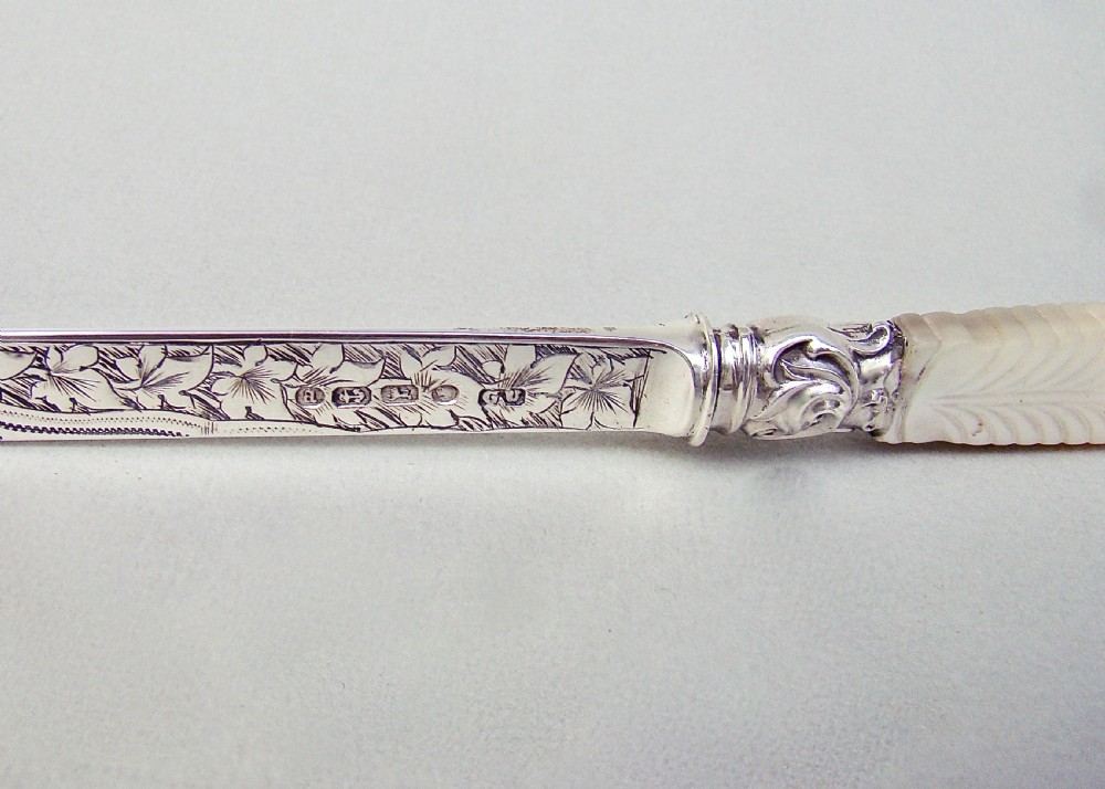 EXQUISITE VICTORIAN SILVER AND MOTHER OF PEARL LETTER OPENER BY GEORGE UNITE, BIRMINGHAM 1875 View IV