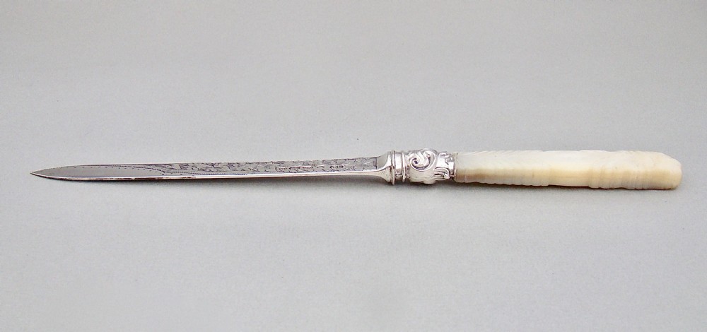EXQUISITE VICTORIAN SILVER AND MOTHER OF PEARL LETTER OPENER BY GEORGE UNITE, BIRMINGHAM 1875 View V