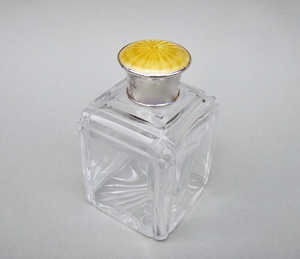 ART DECO SILVER AND GUILLOCHE ENAMEL CUT GLASS SCENT BOTTLE BY HENRY PERKINS, BIRMINGHAM 1921