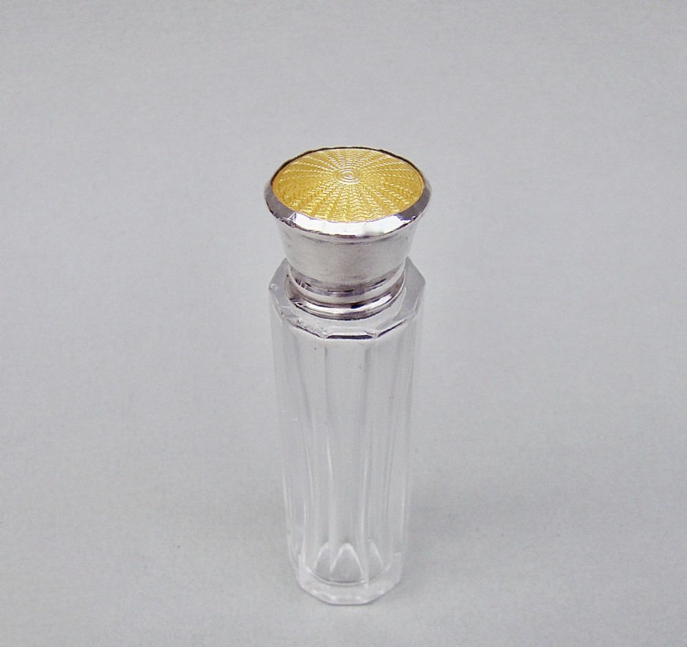 SMALL SILVER & GUILLOCHE ENAMEL SCENT BOTTLE BY HENRY CLIFFORD DAVIS, BIRMINGHAM 1914
