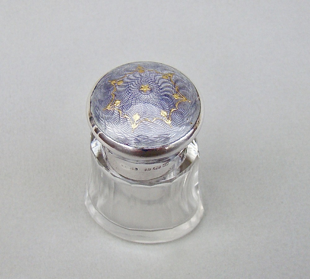 GORGEOUS SILVER AND GUILLOCHE ENAMEL SCENT BOTTLE BY HENRY CLIFFORD DAVIS, BIRMINGHAM 1915
