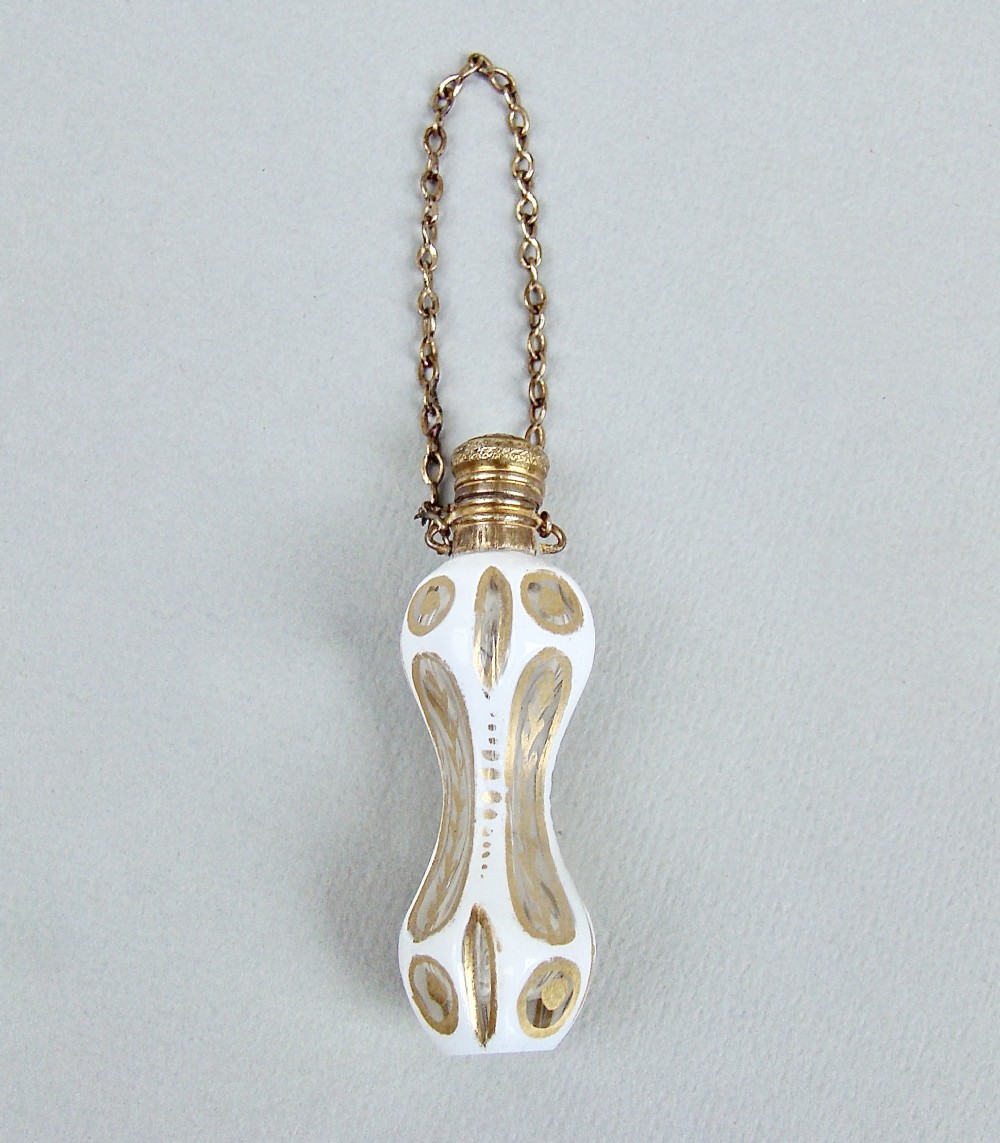 RARE MINIATURE 19TH C. FRENCH OVERLAY GLASS CHATELAINE SCENT BOTTLE, CIRCA 1870
