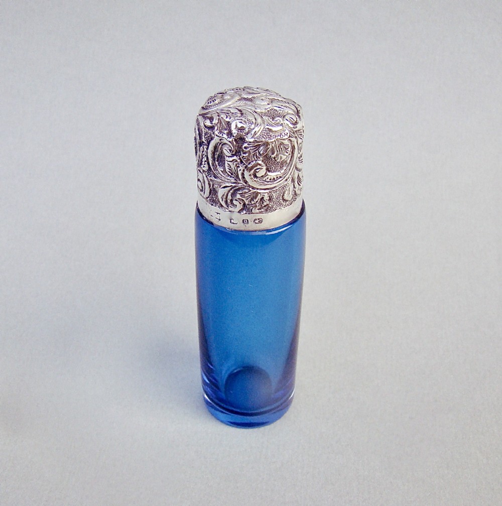 RARE VICTORIAN SILVER AND TURQUOISE GLASS SCENT BOTTLE BY CHARLES MAY, BIRMINGHAM 1888