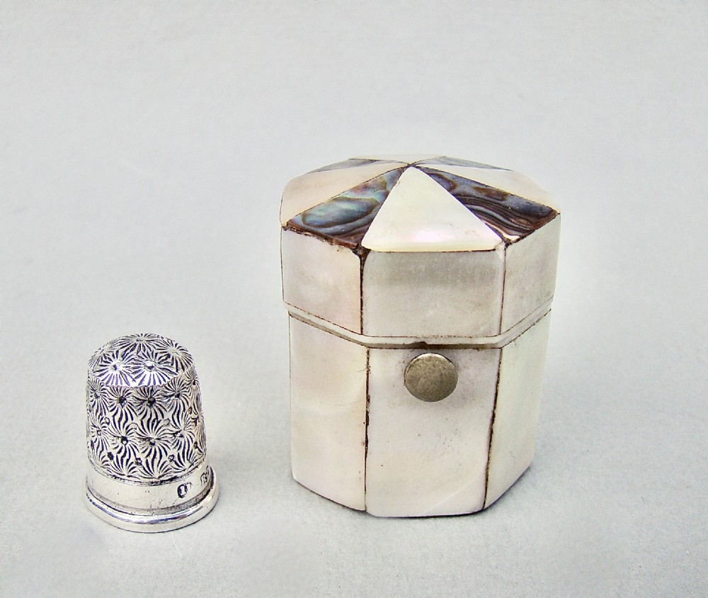 CHESTER SILVER THIMBLE FITTED IN MOTHER OF PEARL & ABALONE CASE, CIRCA 1860
