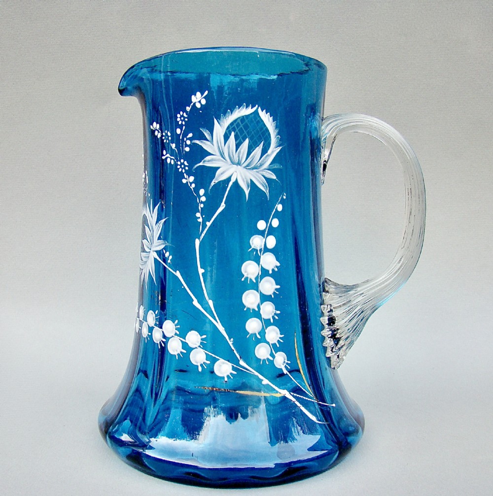 STUNNING VICTORIAN ENAMELLED TURQUOISE GLASS WATER JUG, CIRCA 1890
