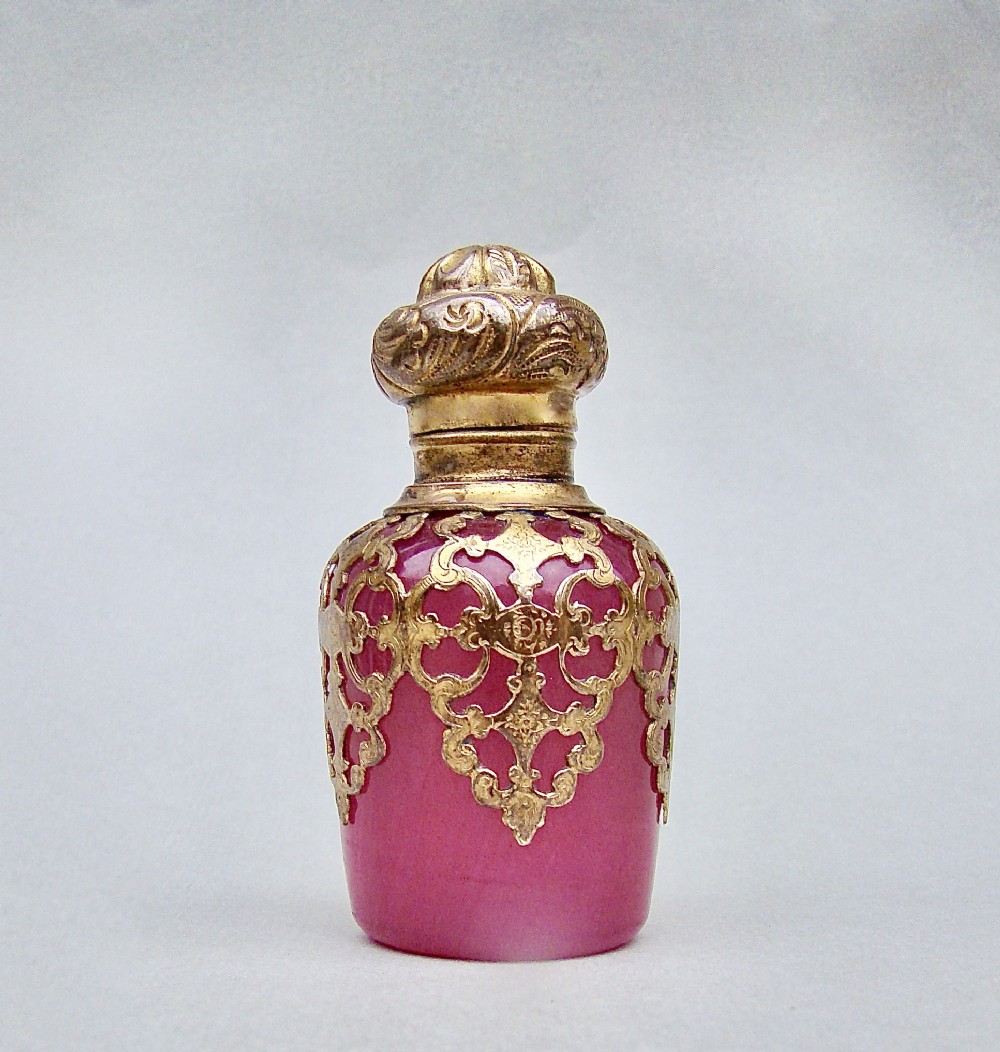 RARE 19TH C. FRENCH PALAIS ROYAL ORMULU & PINK OPALINE GLASS SCENT BOTTLE, CIRCA 1880