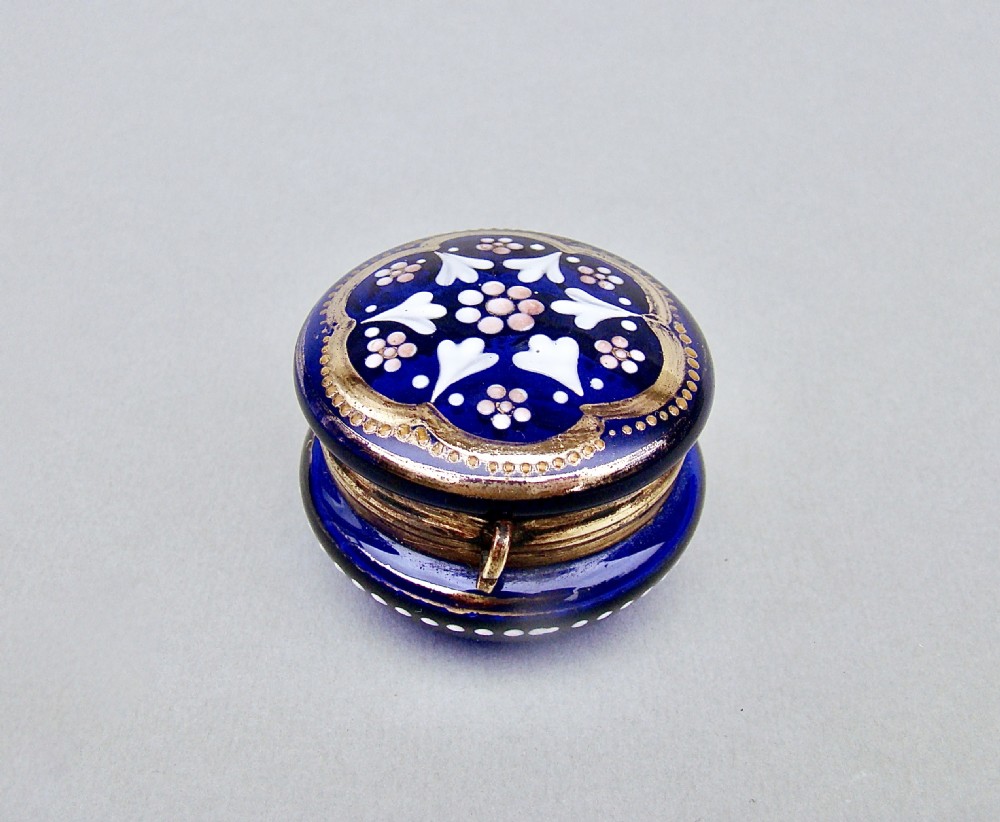 19TH CENTURY FRENCH ENAMELLED BRISTOL BLUE GLASS TRINKET BOX, CIRCA 1890
